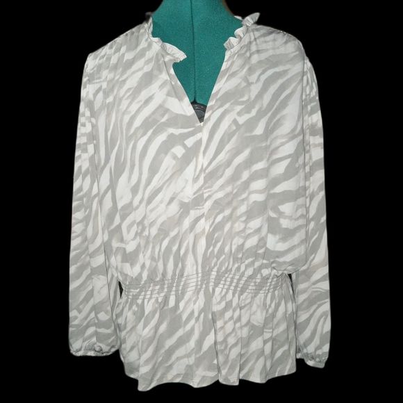 SIMPLY VERAWANG Sz XL Gray/White Zebra Print Watercolor Blouse Peplum Waist NWT - Picture 2 of 9